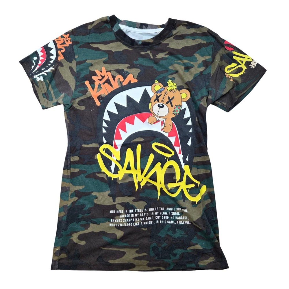 Fresh Laundry Camo Savage Grafitti Crew Neck T Shirt